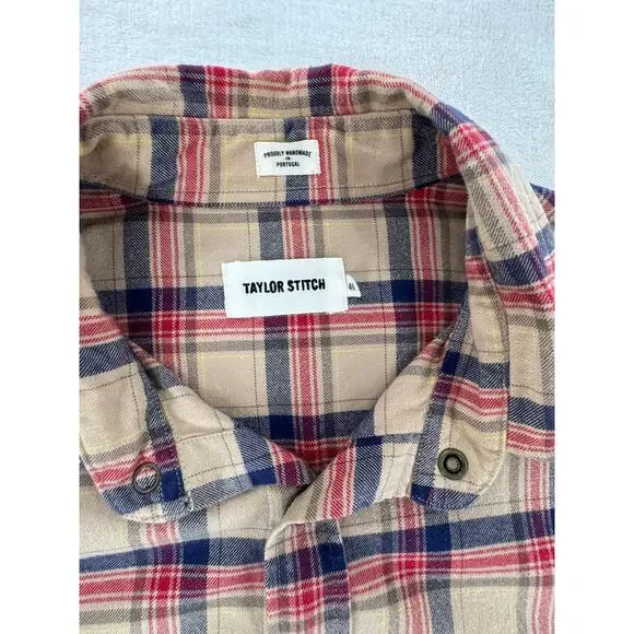 Taylor Stitch Shirt Glacier Pearl Snap Western Flannel Beige Red Navy Cotton L - Picture 3 of 6